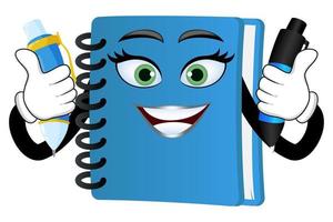 Happy cute mascot notepad character standing holding pen with cheerful facial expression vector
