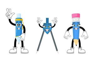 Cute mascot pen pencil geometric compass characters standing together and waving with cheerful expression vector