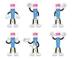 Beautiful happy mascot pencil character standing and doing different actions with cheerful expression isolated vector