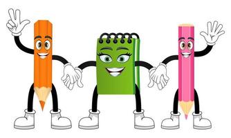 Cute mascot pencil notepad characters standing together and waving with cheerful expression vector