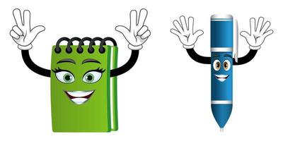 Cute mascot pen notepad characters standing together and waving with cheerful expression vector