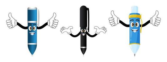 Cute mascot pen characters standing together and waving with cheerful expression vector