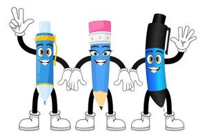 Cute happy mascot pen pencil characters standing together and waving with cheerful expression vector