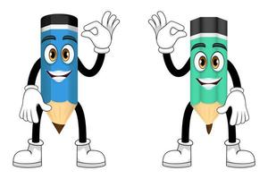 Cute beautiful mascot pencil characters standing and waving with cheerful expression vector