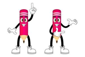 Cute happy mascot pencil character standing and doing different actions with cheerful expression isolated vector