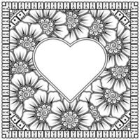 mehndi flower with frame in shape of heart. decoration in ethnic oriental, doodle ornament. vector