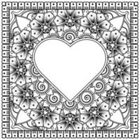 mehndi flower with frame in shape of heart. decoration in ethnic oriental, doodle ornament. vector