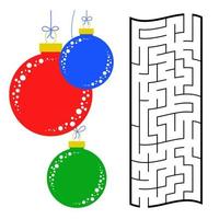 Abstract rectangular maze with a color picture. Round Christmas balls. An interesting and useful game for children. Simple flat vector illustration isolated on white background.