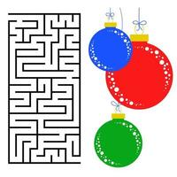 Abstract rectangular maze with a color picture. Round Christmas balls. An interesting and useful game for children. Simple flat vector illustration isolated on white background.