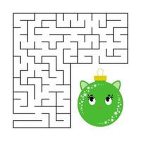 Abstract square maze with a cute color cartoon character. Beautiful Christmas balls. An interesting and useful game for children. Simple flat vector illustration isolated on white background.