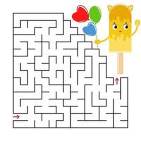 Abstract square maze with a cute color cartoon character. Funny ice cream. An interesting and useful game for children. Simple flat vector illustration isolated on white background.