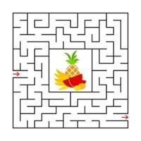 Abstract square maze with a color picture. Delicious tropical fruits. An interesting and useful game for children. Simple flat vector illustration isolated on white background.