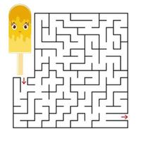 Abstract square maze with a cute color cartoon character. Funny ice cream. An interesting and useful game for children. Simple flat vector illustration isolated on white background.