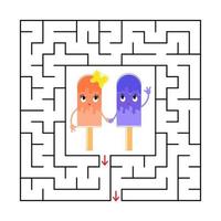 Abstract square maze with a cute color cartoon character. Funny ice cream. An interesting and useful game for children. Simple flat vector illustration isolated on white background.