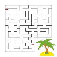 Abstract square maze with a color picture. Island with a palm tree. An interesting and useful game for children. Simple flat vector illustration isolated on white background.