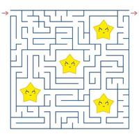 Abstract square maze. An interesting and useful game for children. Collect all the stars. Simple flat vector illustration isolated on white background.