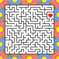 Abstract square maze. An interesting and useful game for children. Find the path from arrow to heart. Simple flat vector illustration isolated on white background. With a bright floral frame.