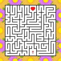 Abstract square maze. An interesting and useful game for children. Find the path from arrow to heart. Simple flat vector illustration isolated on white background. With a bright floral frame.