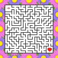 Abstract square maze. An interesting and useful game for children. Find the path from arrow to heart. Simple flat vector illustration isolated on white background. With a bright floral frame.