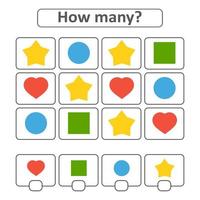 Game for preschool children. Count as many geometric shapes in the picture and write down the result. With a place for answers. Simple flat isolated vector illustration.