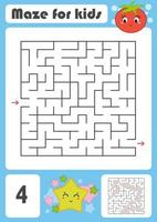 A square labyrinth with a cartoon character. Pretty tomato and star. An interesting and developing game for children. Simple flat isolated vector illustration.