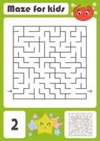 A square labyrinth with a cartoon character. Pretty tomato and star. An interesting and developing game for children. Simple flat isolated vector illustration.