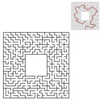 Black square maze with entrance and exit. An interesting and useful game for children. Simple flat vector illustration isolated on white background. With a place for your drawings. With the answer.