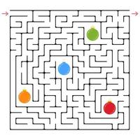 Abstract square maze. An interesting and useful game for children. Collect all the Christmas balls. Simple flat vector illustration isolated on white background.