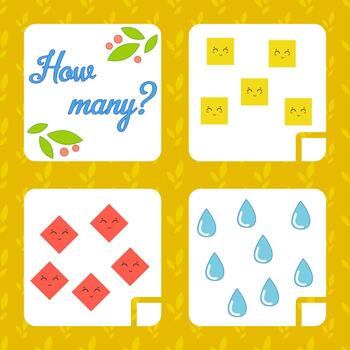 Counting game for preschool children for the development of mathematical abilities. Count the number of objects in the picture. With a place for answers. Simple flat isolated vector illustration.