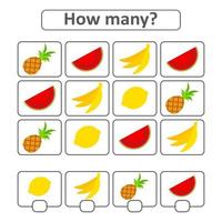 Game for preschool children. Count as many fruits in the picture and write down the result. With a place for answers. Simple flat isolated vector illustration.