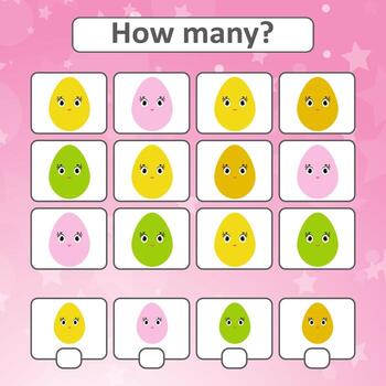 Game for preschool children. Count out how many Easter eggs in the picture and write down the result. With a place for answers. Simple flat isolated vector illustration.