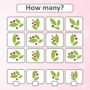 Counting game for preschool children for the development of mathematical abilities. Count the number of plants in the picture. With a place for answers. Simple flat isolated vector illustration.
