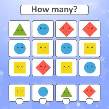 Game for preschool children. Count as many geometric shapes in the picture and write down the result. With a place for answers. Simple flat isolated vector illustration.
