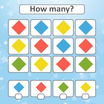 Game for preschool children. Count as many geometric shapes in the picture and write down the result. With a place for answers. Simple flat isolated vector illustration.