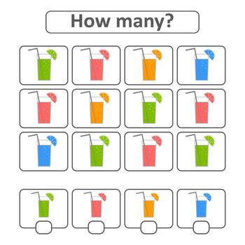 Game for preschool children. Count as many glasses with juice in the picture and write down the result. With a place for answers. Simple flat isolated vector illustration.