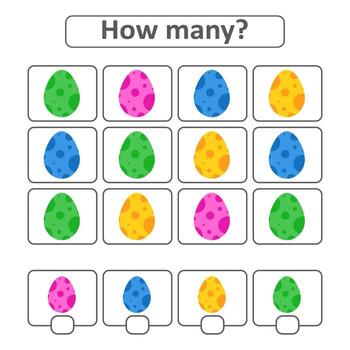 Game for preschool children. Count out how many Easter eggs in the picture and write down the result. With a place for answers. Simple flat isolated vector illustration.