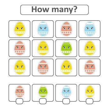 Game for preschool children. Count out how many Easter eggs in the picture and write down the result. With a place for answers. Simple flat isolated vector illustration.
