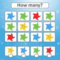 Game for preschool children. Count as many stars in the picture and write down the result. With a place for answers. Simple flat isolated vector illustration.