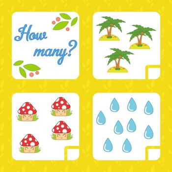 Counting game for preschool children for the development of mathematical abilities. Count the number of objects in the picture. With a place for answers. Simple flat isolated vector illustration.