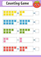 Counting game for children. Addition and subtraction. Activity worksheet. A simple flat vector illustration with a cute character. With a place to write answers.