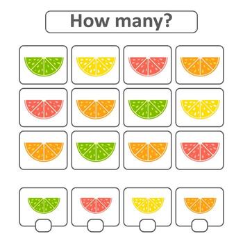 Game for preschool children. Count as many fruits in the picture and write down the result. With a place for answers. Simple flat isolated vector illustration.
