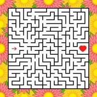 Abstract square maze. An interesting and useful game for children. Find the path from arrow to heart. Simple flat vector illustration isolated on white background. With a bright floral frame.