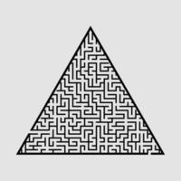 Complicated large triangular labyrinth. Game for kids and adults. Puzzle for children. Labyrinth conundrum. Flat vector illustration isolated on grey background.