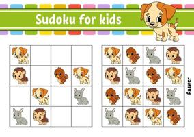 Sudoku for kids. Education developing worksheet. Activity page with pictures. Puzzle game for children and toddler. Logical thinking training. Isolated vector illustration. Cartoon style.