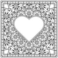 mehndi flower with frame in shape of heart. decoration in ethnic oriental, doodle ornament. vector