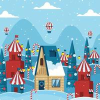 Snowy Christmas Village with Candy Cane and Air Balloons vector