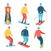personajes en varias poses de esquí y snowboard. vector