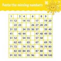 Paste the missing numbers. Handwriting practice. Learning numbers for kids. Education developing worksheet. Activity page. Game for children. Isolated vector illustration in cute cartoon style.