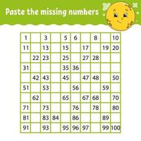 Paste the missing numbers. Handwriting practice. Learning numbers for kids. Education developing worksheet. Activity page. Game for children. Isolated vector illustration in cute cartoon style.