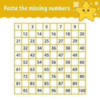 Paste the missing numbers. Handwriting practice. Learning numbers for kids. Education developing worksheet. Activity page. Game for children. Isolated vector illustration in cute cartoon style.